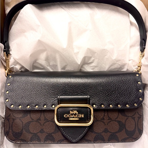 COACH Leather Morgan Collection Shoulder Bag In Signature Canvas.Gold rivets.NWT - Picture 7 of 7